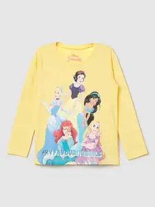 max Girls Yellow & Multicoloured Disney Princesses Printed T-shirt