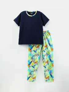 FUNKRAFTS Kids-Girls Green & Blue Printed Pure Cotton Night suit