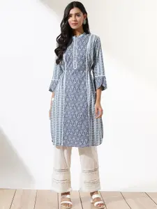 Lakshita Women Blue Geometric Striped Flared Sleeves Thread Work Kurta Plus Size