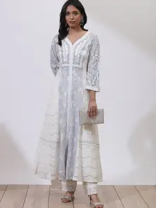 Lakshita Blue & White Self Design Ethnic Motifs Lace Maxi Dress
