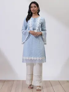 Lakshita Blue & White Embroidered Thread Work Pure Cotton Thread Work Bell sleeves Kurti