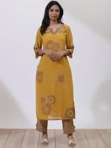 Lakshita Women Mustard Yellow Floral Embroidered Panelled Kurta