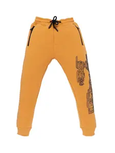 Status Quo Boys Mustard-Yellow Solid Graphic Printed Cotton Joggers
