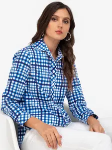 ZALORA WORK Women White & Blue Checked Regular Fit Pure Cotton Casual Shirt