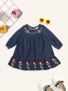 MeeMee Girls Blue Floral Embroidered Cotton A-Line Dress