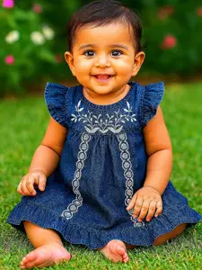 MeeMee Girls Blue Floral Embroidered A-Line Cotton Dress