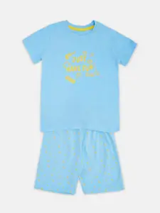 Pantaloons Junior Boys Blue & Yellow Printed T-shirt with Shorts