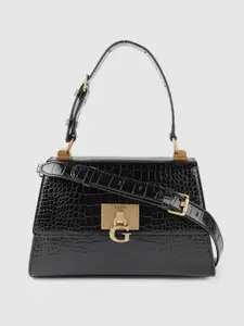GUESS Black Croc Textured Structured Satchel with Detachable Sling Strap