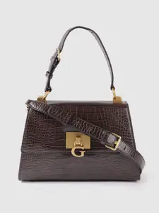GUESS Coffee Brown Croc Textured Structured Satchel with Detachable Sling Strap