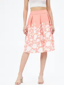 Harpa Women Peach & White Floral Box Pleated A-Line Knee Length Skirts