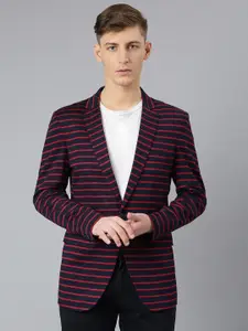MR BUTTON Men Navy Blue & Red Striped Single-Breasted Casual Blazer