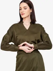 ZALORA WORK Olive Green Mandarin Collar Drop Shoulder Sleeves Knitted Top