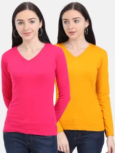Fleximaa Women Mustard Yellow & Pink Pack Of 2 T-shirts