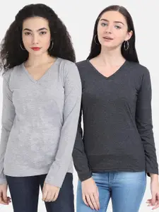 Fleximaa Women Grey & Charcoal Set Of 2 V-Neck Cotton T-shirt