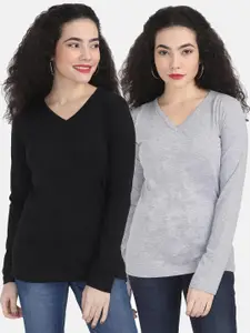 Fleximaa Women Black & Grey Pack of 2 V-Neck T-shirt
