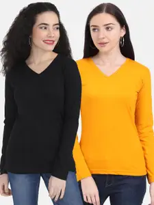 Fleximaa Women Black & Yellow Set Of 2 V-Neck Cotton T-shirt