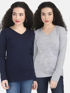 Fleximaa Women Grey & Navy Blue Pack Of 2 T-shirts