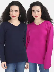 Fleximaa Women Navy Blue & Magenta Set Of 2 V-Neck Cotton T-shirt