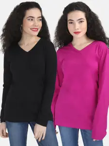 Fleximaa Women Black & Magenta Pack Of 2 T-shirts