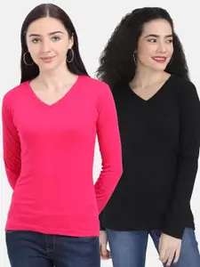 Fleximaa Women Black & Pink Pack Of 2 T-shirts