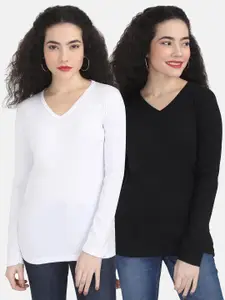 Fleximaa Women White & Black Pack Of 2 T-shirts