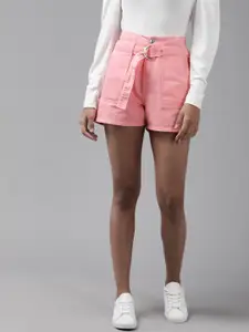 KASSUALLY Women Pink High-Rise Denim Shorts