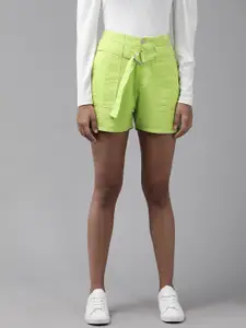 KASSUALLY Women Fluorescent Green High-Rise Denim Shorts