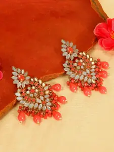 AccessHer Gold Plated  & Orange Circular Mirror Chandbalis Earrings