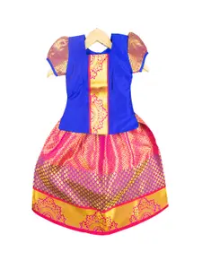 AMIRTHA FASHION Girls Blue & Pink Woven Design Ready to Wear Lehenga Choli