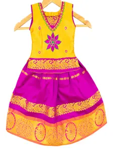 AMIRTHA FASHION Girls Gold-Toned & Pink Embroidered Ready to Wear Lehenga