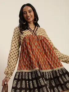 Taavi Women Beige & Orange Bagru Hand Block Print Sustainable A-Line Dress