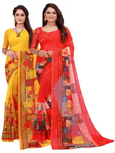 KALINI Yellow & Red Printed Pure Georgette Saree
