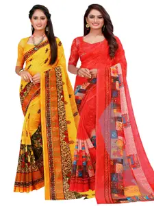 KALINI Red & Yellow Printed Pure Georgette Saree