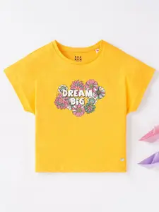 Ed-a-Mamma Girls Yellow Typography Printed T-shirt