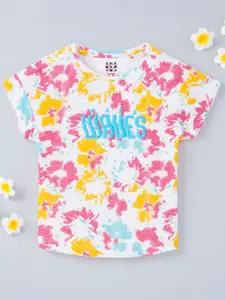 Ed-a-Mamma Girls White & Pink Floral Printed T-shirt