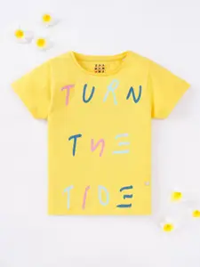 Ed-a-Mamma Girls Yellow Typography Printed T-shirt