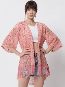 PURYS Women Pink & White Floral Printed Tasselled High-Low Longline Shrug