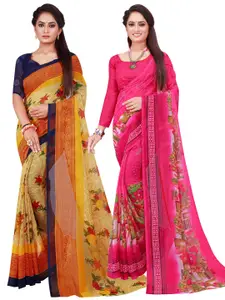 Florence Pink & Yellow Floral Printed Pure Georgette Saree Pack Of 2