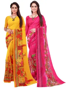 Florence Pack of 2 Pink & Yellow Floral Pure Georgette Sarees