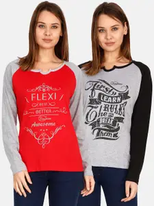Fleximaa Women Grey & Red Typography Set Of 2 Printed Cotton T-shirt