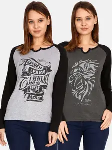 Fleximaa Women Grey & Black Typography Set Of 2 Printed T-shirt