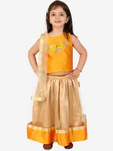 Superminis Girls Yellow & Cream-Coloured Patchwork Embroidered Lehenga Choli