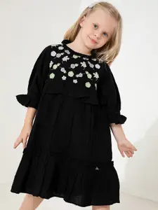 Cherry Crumble Girls Black A-Line Embroidered Dress