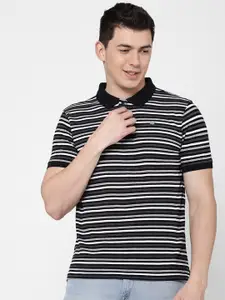 Wrangler Men Black Striped Polo Collar T-shirt