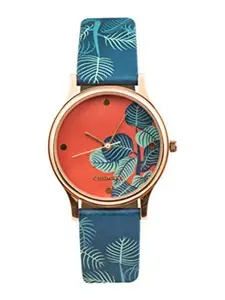 TEAL BY CHUMBAK Women Orange Brass Printed Dial & Blue Leather Straps Analogue Watch