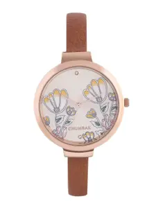 TEAL BY CHUMBAK Women Rose Gold-Toned Brass Printed Dial & Brown Leather Straps Analogue Watch