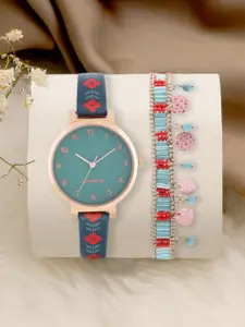 TEAL BY CHUMBAK Women Green Brass Printed Dial & Green Leather Straps Analogue Watch & Bracelet Set