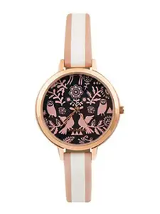 TEAL BY CHUMBAK Women Black Brass Printed Dial & White Leather Bracelet Style Straps Analogue Watch