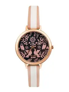TEAL BY CHUMBAK Women Black Brass Printed Dial & White Leather Bracelet Style Straps Analogue Watch