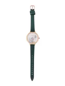 TEAL BY CHUMBAK Women White Brass Printed Dial & Green Leather Bracelet Style Straps Analogue Watch & Bracelet Set